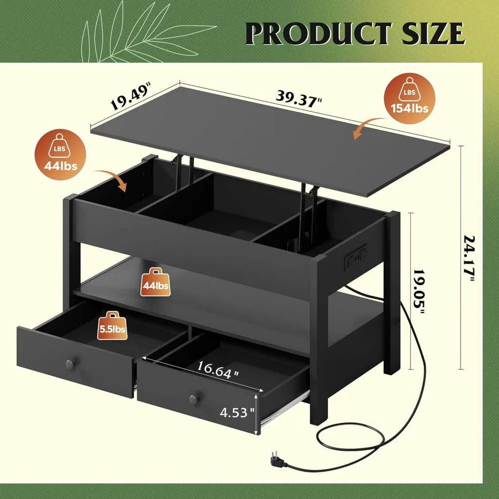 Black Lift Top Coffee Table With and Without LED
