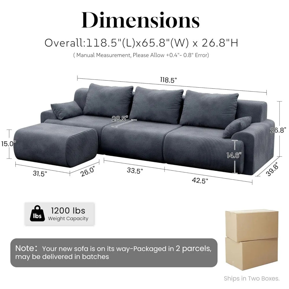 118'' Sectional Boneless Oversize Modular Couch