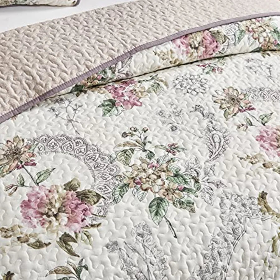 King Size Quilt Set - Beige - Floral - Reversible
