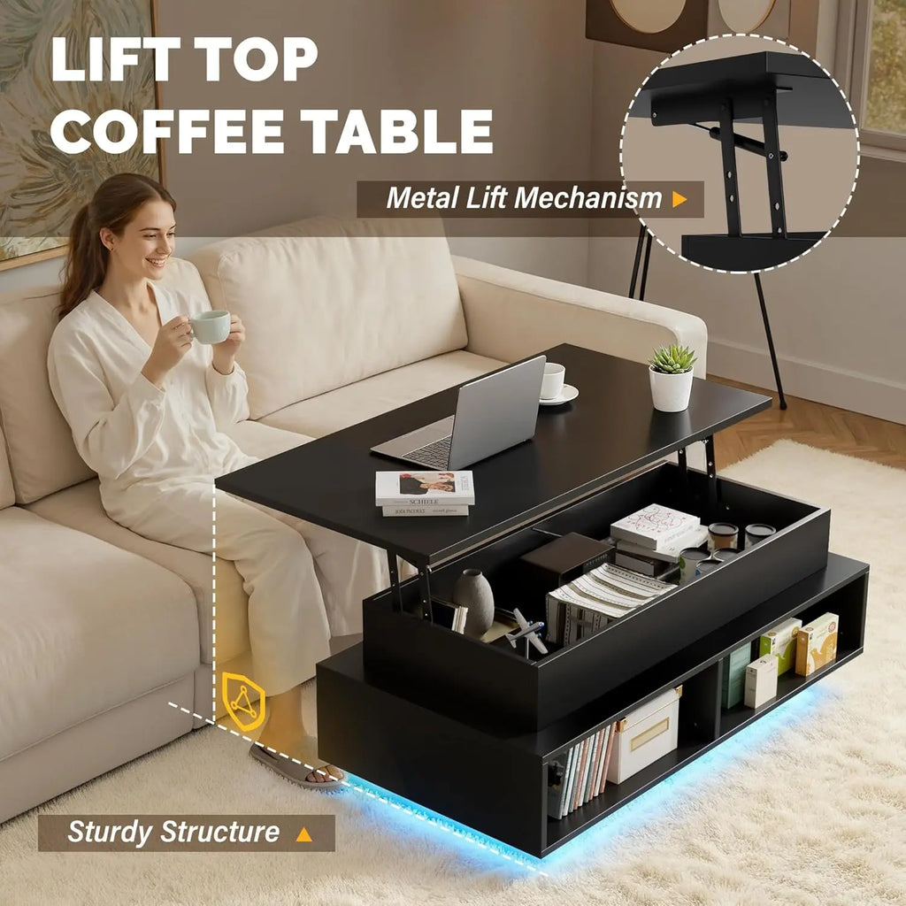 Lift Top Coffee Table with Hidden Storage & LED Lights