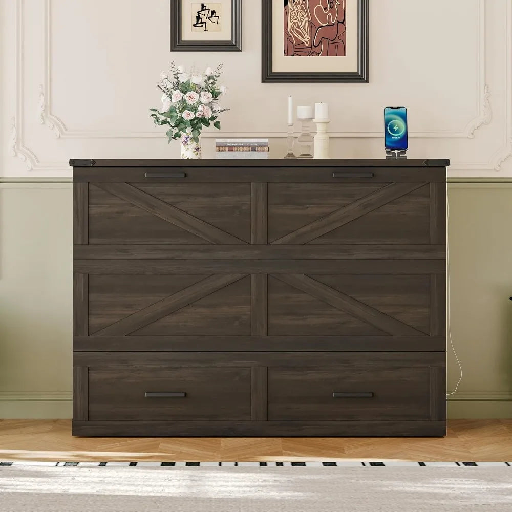 Farmhouse Full Sized Murphy Cabinet Bed with Storage Drawer and Charging Station