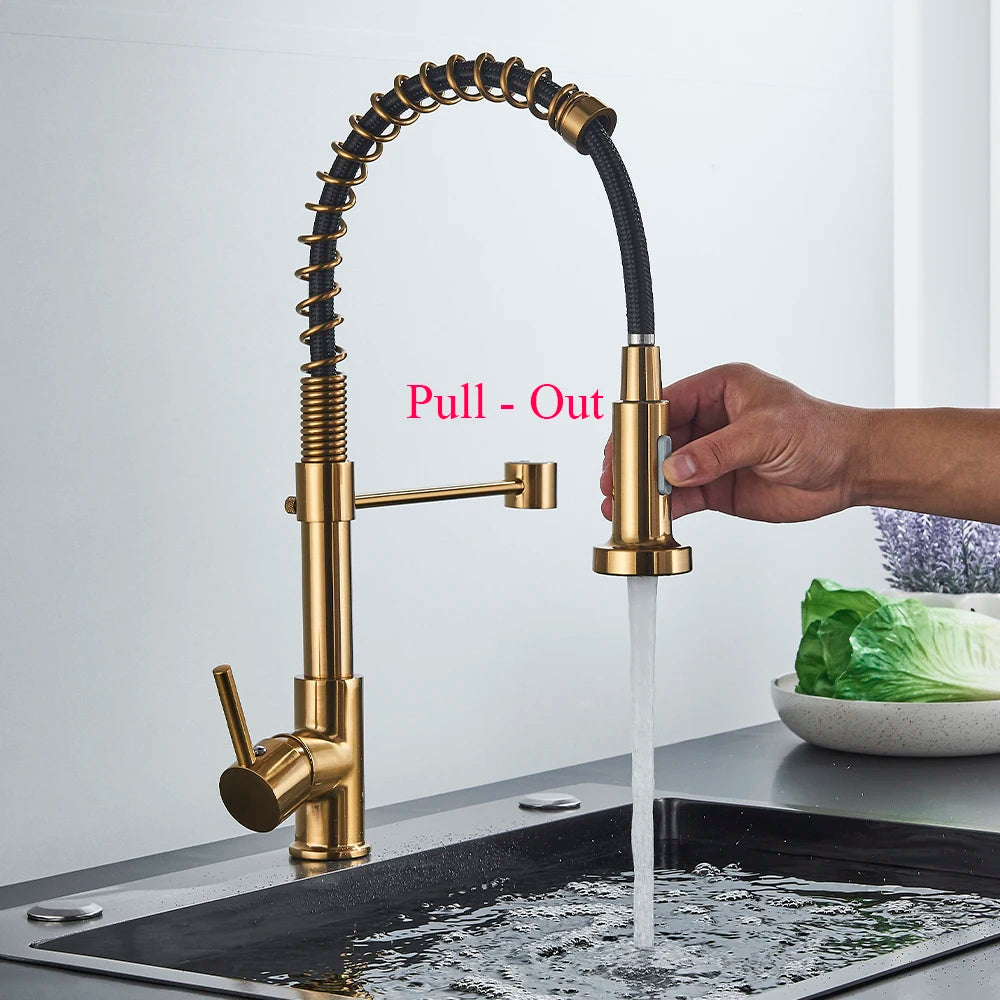 Brushed Gold Kitchen Spring Pull-down Faucet