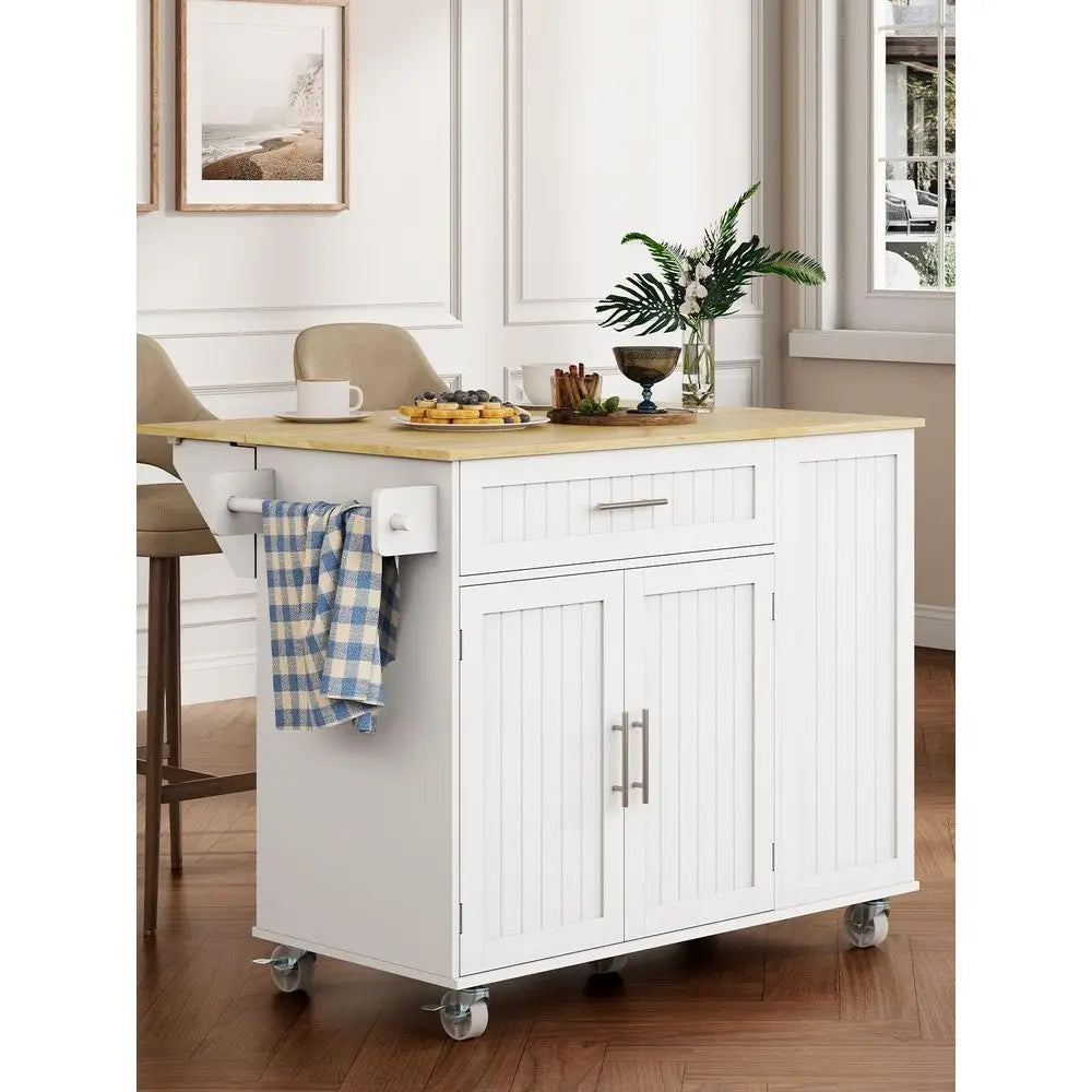 Kitchen Island with Storage, 43.3 Rolling Kitchen Island Cart on Wheels with Wide Drop Leaf Rubberwood Top, Large Mobile Island
