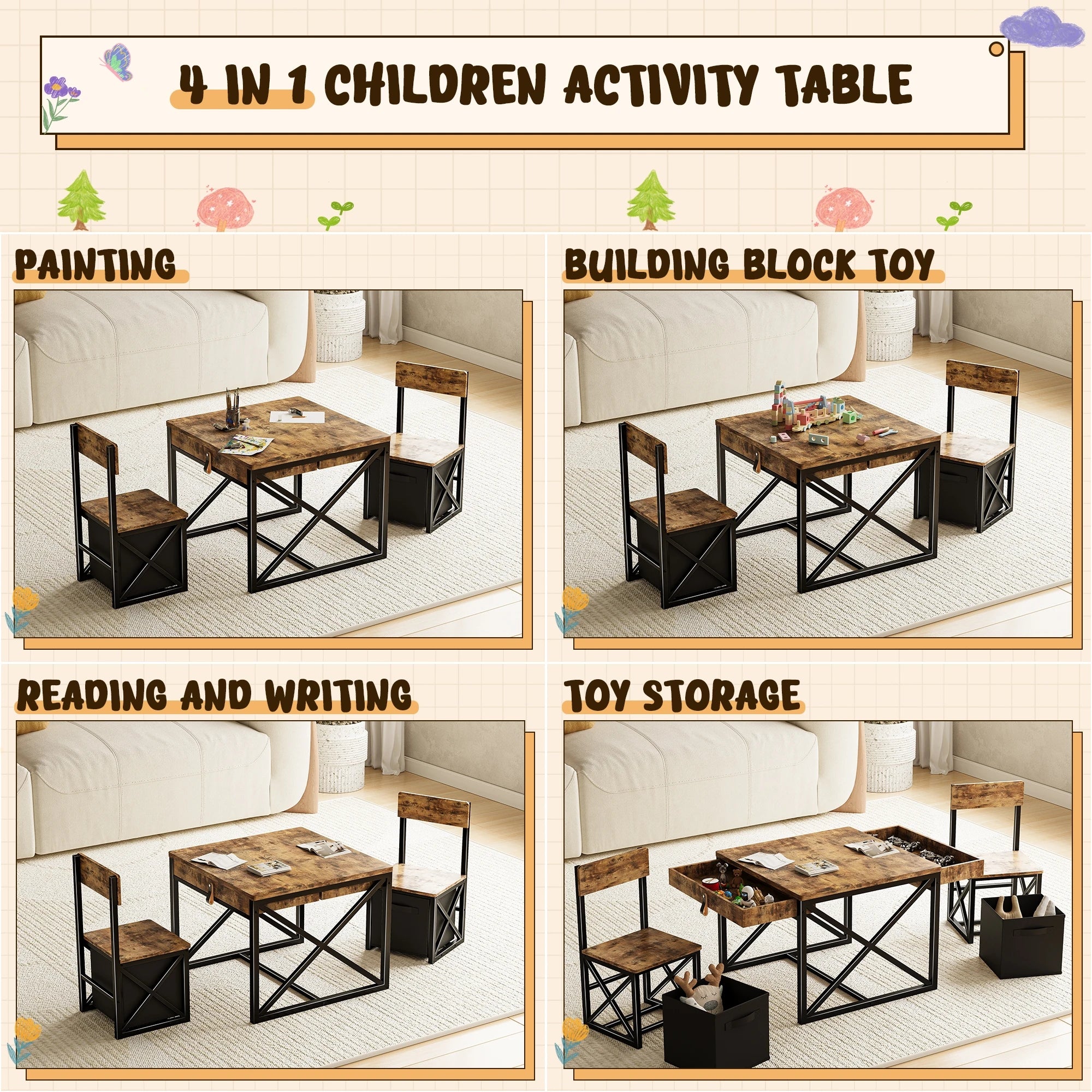 4-in-1 Kids Table and Chairs Set