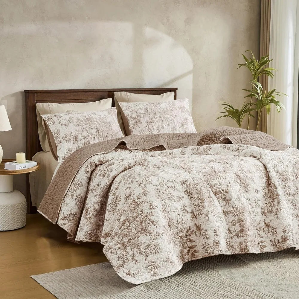 Elegant Taupe Floral Quilt Set