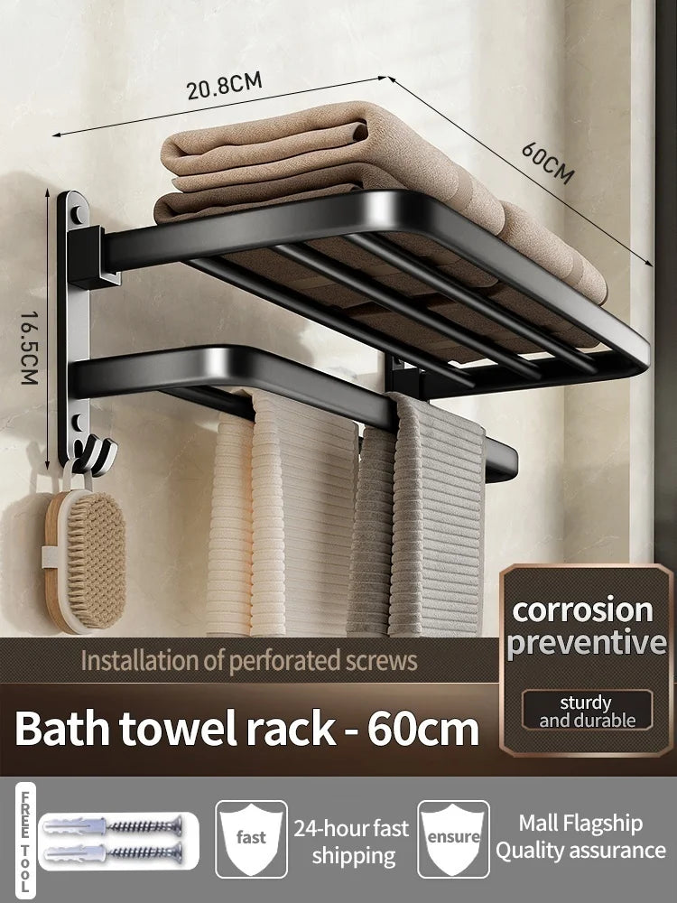 Grey/Black 50CM-60CM Folding Aluminum Towel Rack and Holder With Hooks