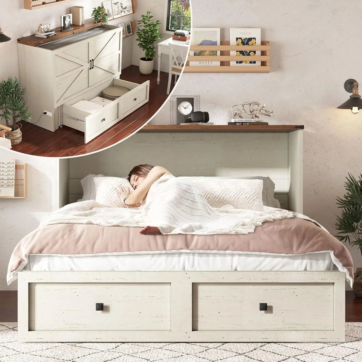 Farmhouse Queen Murphy Bed with Storage & Charging Station
