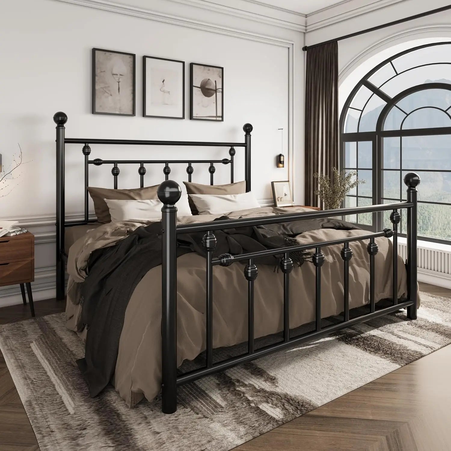 Queen Size Metal Platform Bed Frame with Victorian Headboard and Footboard