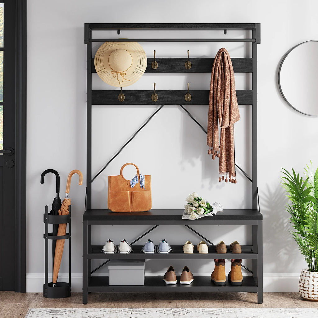 Tall Coat Rack with Storage shelves and a Bench