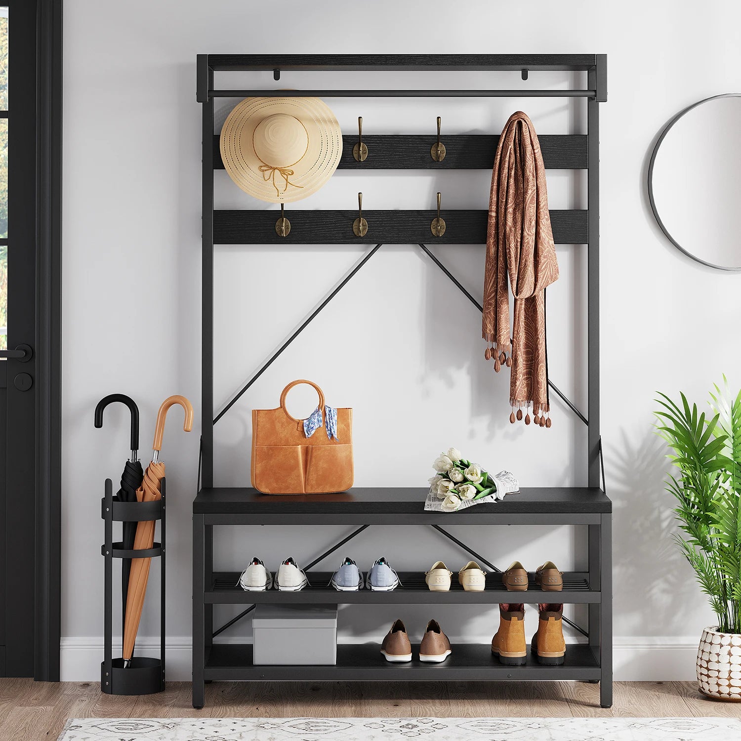 Tall Coat Rack with Storage shelves and a Bench