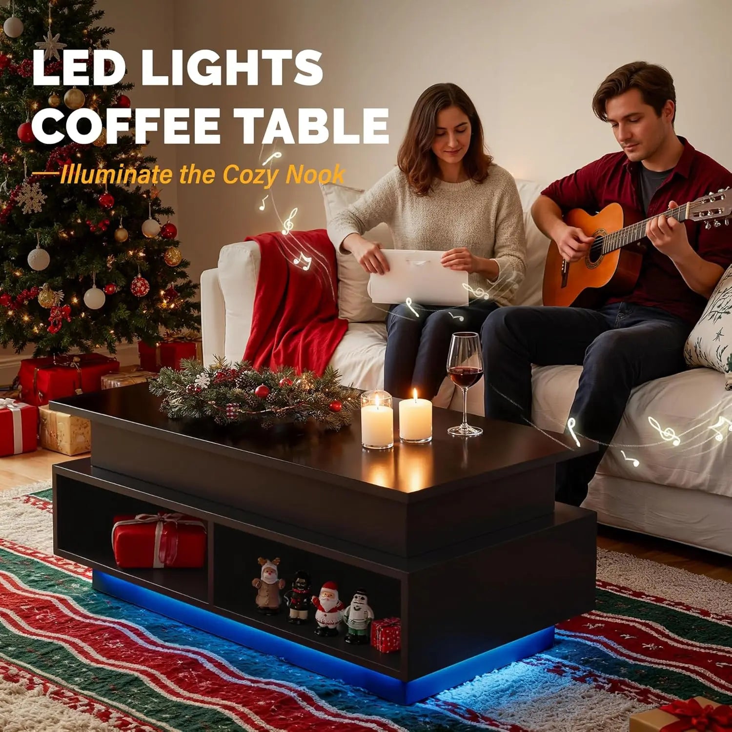 Lift Top Coffee Table with Hidden Storage & LED Lights