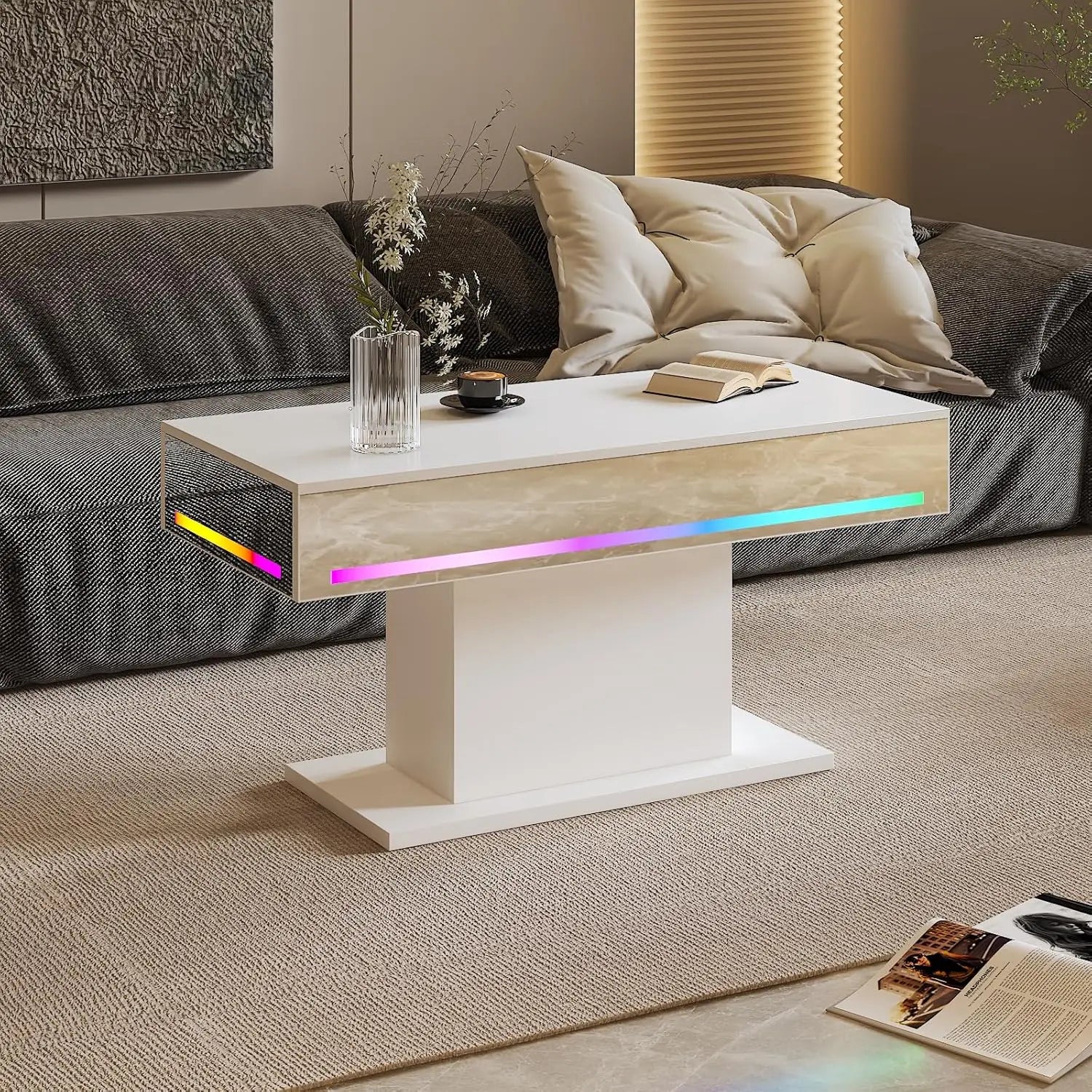 Rectangular LED Coffee Table, 16 Colors Lights, Modern Wood, Living Room Dining Reception, Customized