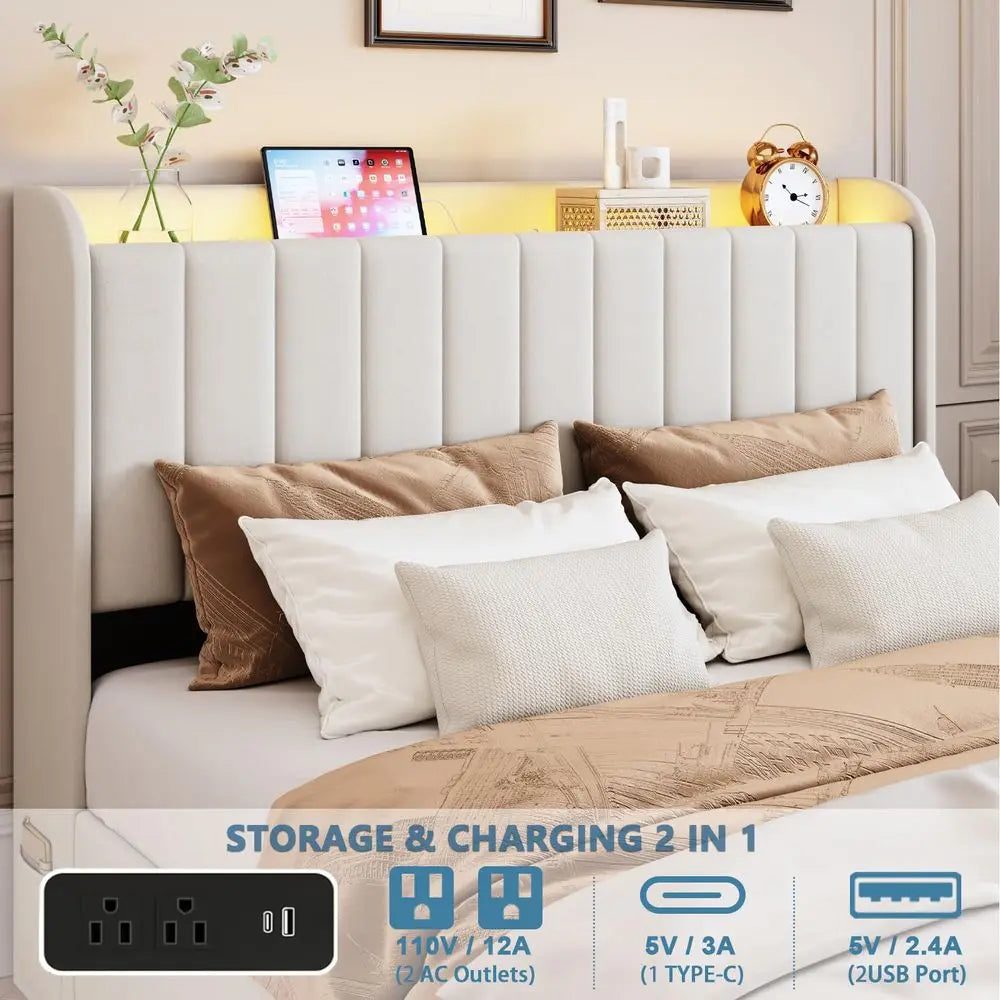 Queen Size Bed Frame with Storage Headboard