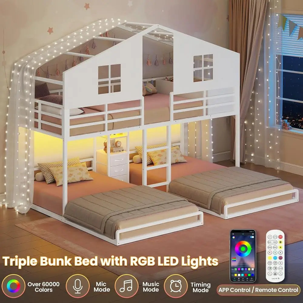 Triple Bunk Bed Twin Size with House
