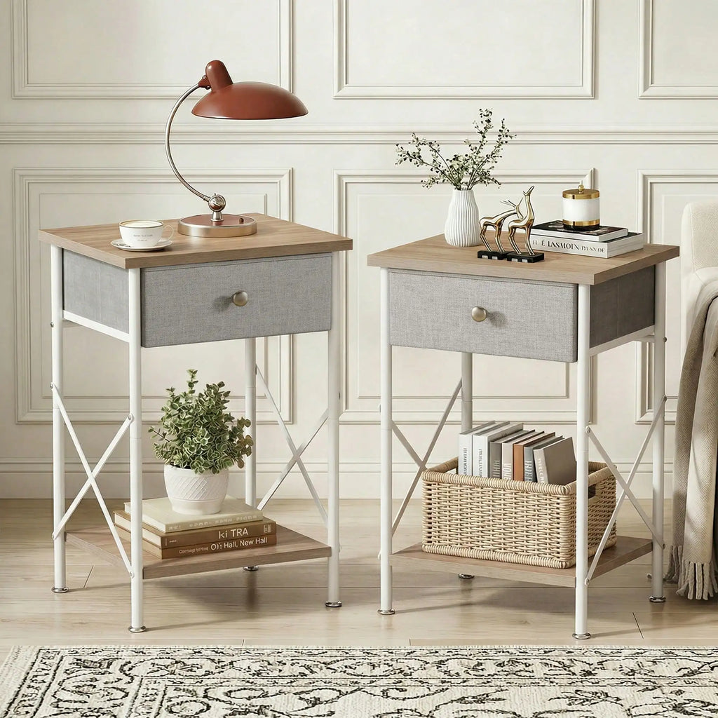 Industrial Nightstands (Set of 2) with Fabric Drawers & Open Storage Shelves