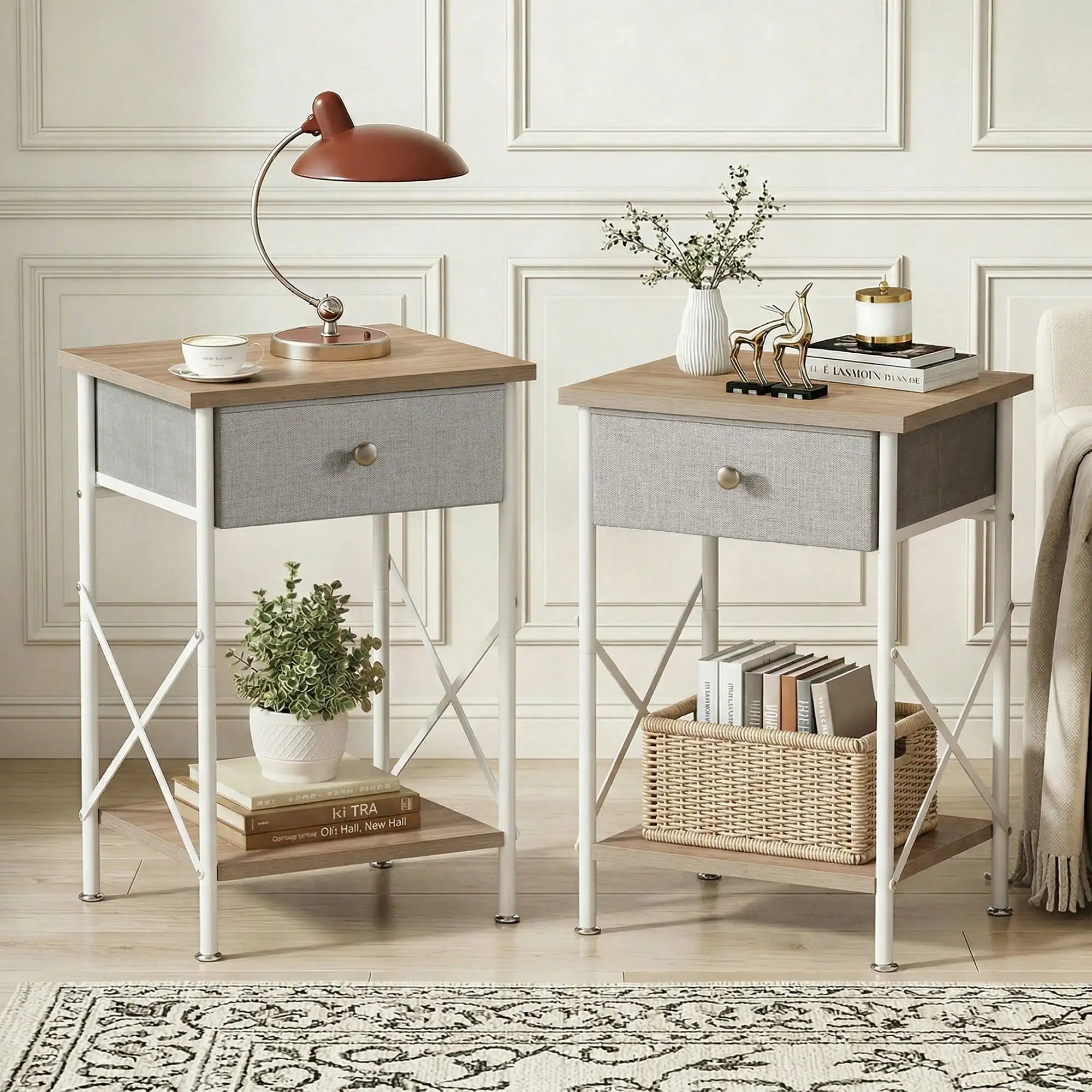 Industrial Nightstands (Set of 2) with Fabric Drawers & Open Storage Shelves