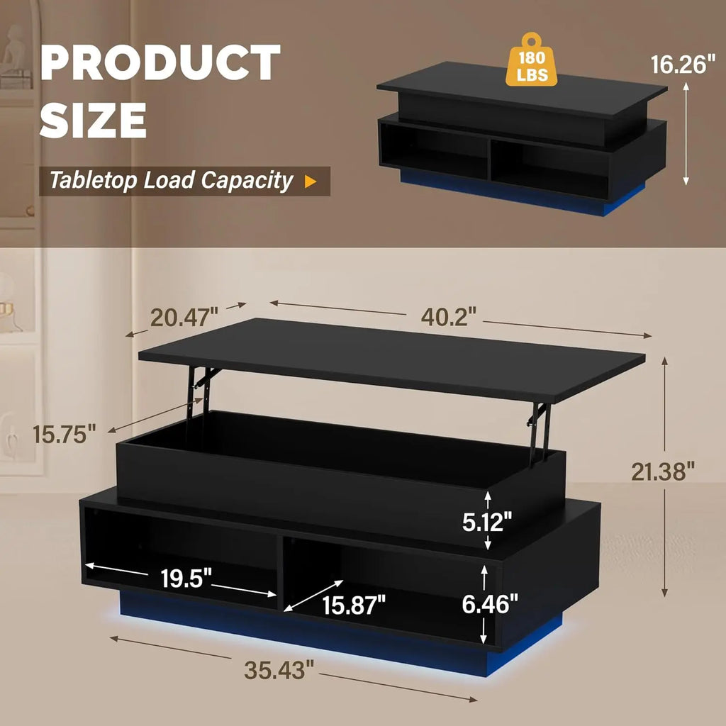 Lift Top Coffee Table with Hidden Storage & LED Lights