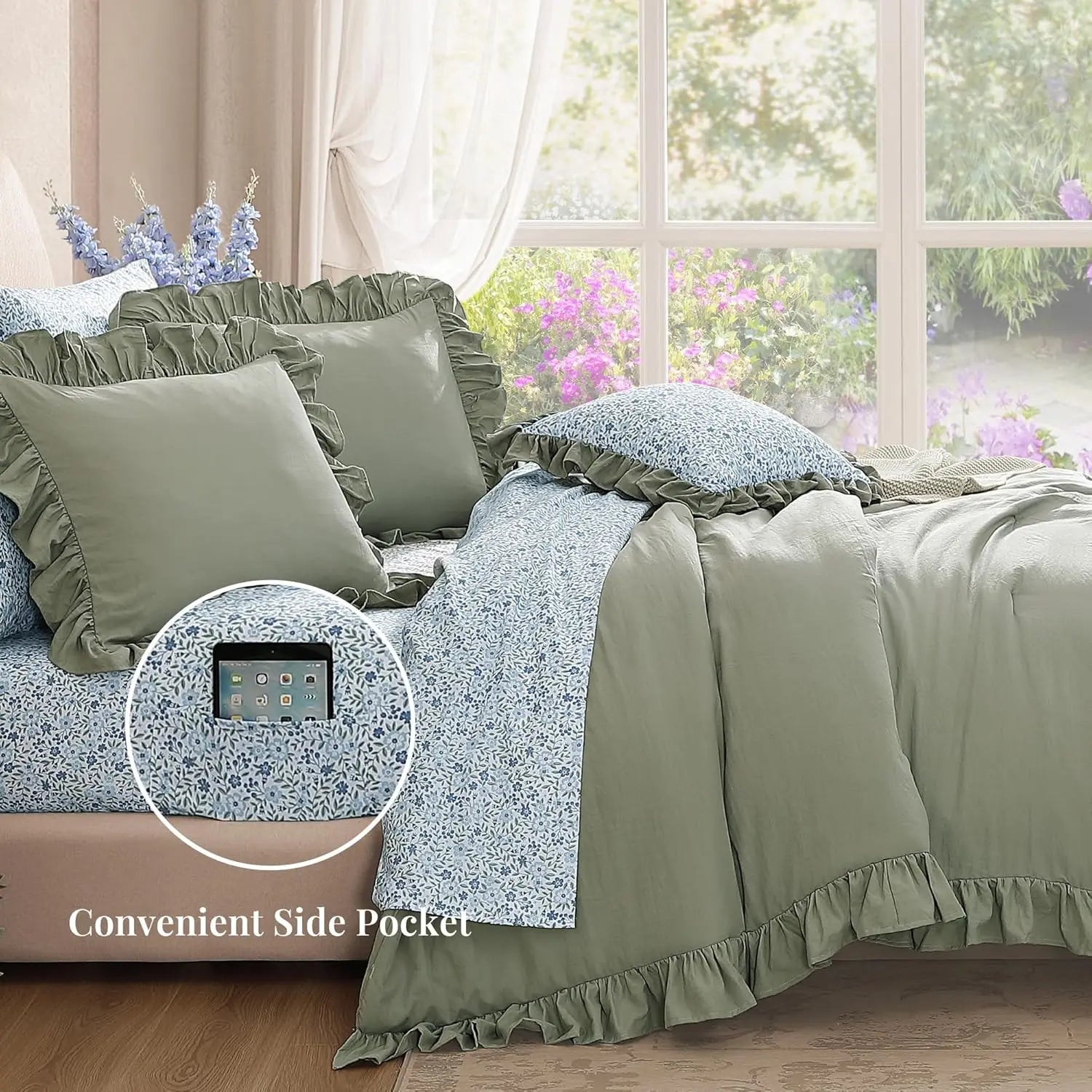 Queen Comforter Set - 7 Pieces Ruffle Sage Green Bedding