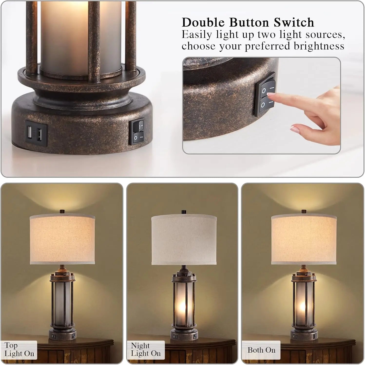 Farmhouse Rustic Nightstand Tables (Set of 2) with Nightlight