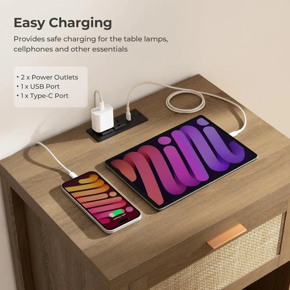 Boho-Styled Nightstands (Set of 2) with Charging Station
