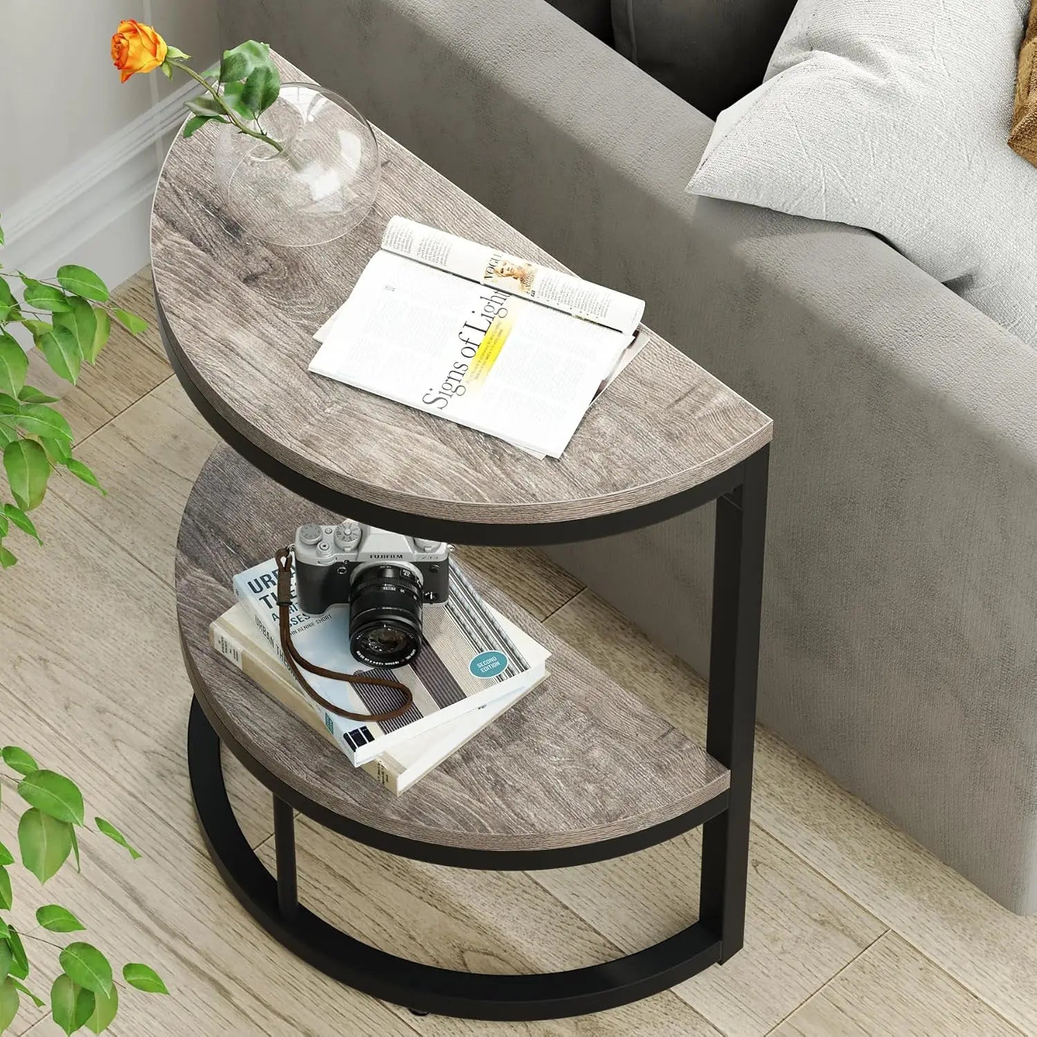 Half Round End Table with Storage Shelf