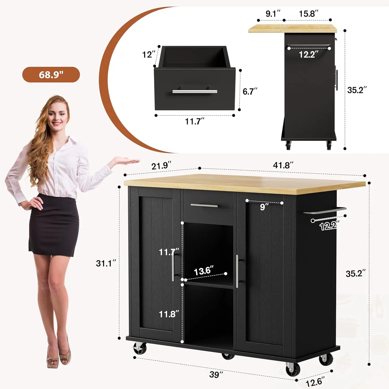 Kitchen Island with Storage on Wheels