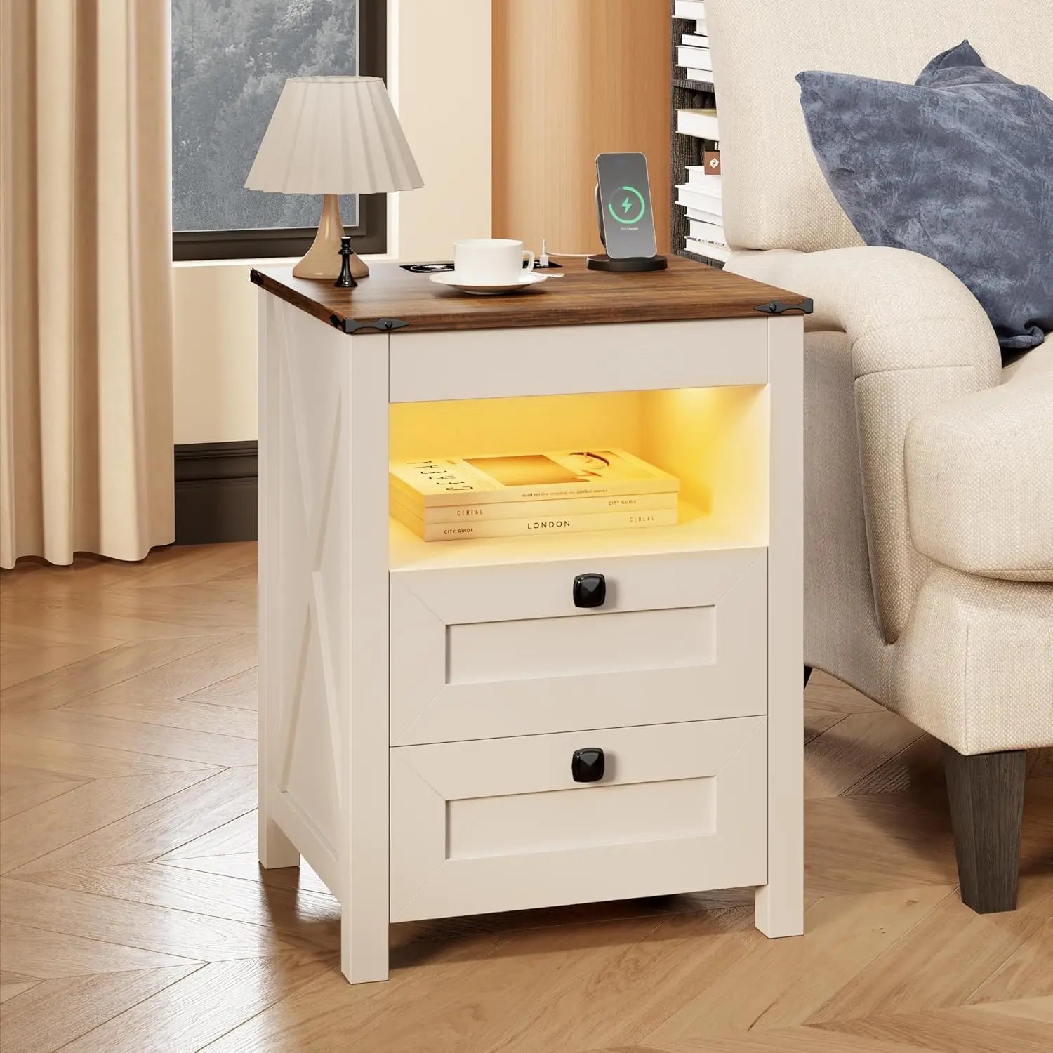 Farmhouse Nightstand Set of 2 with Gun Drawer