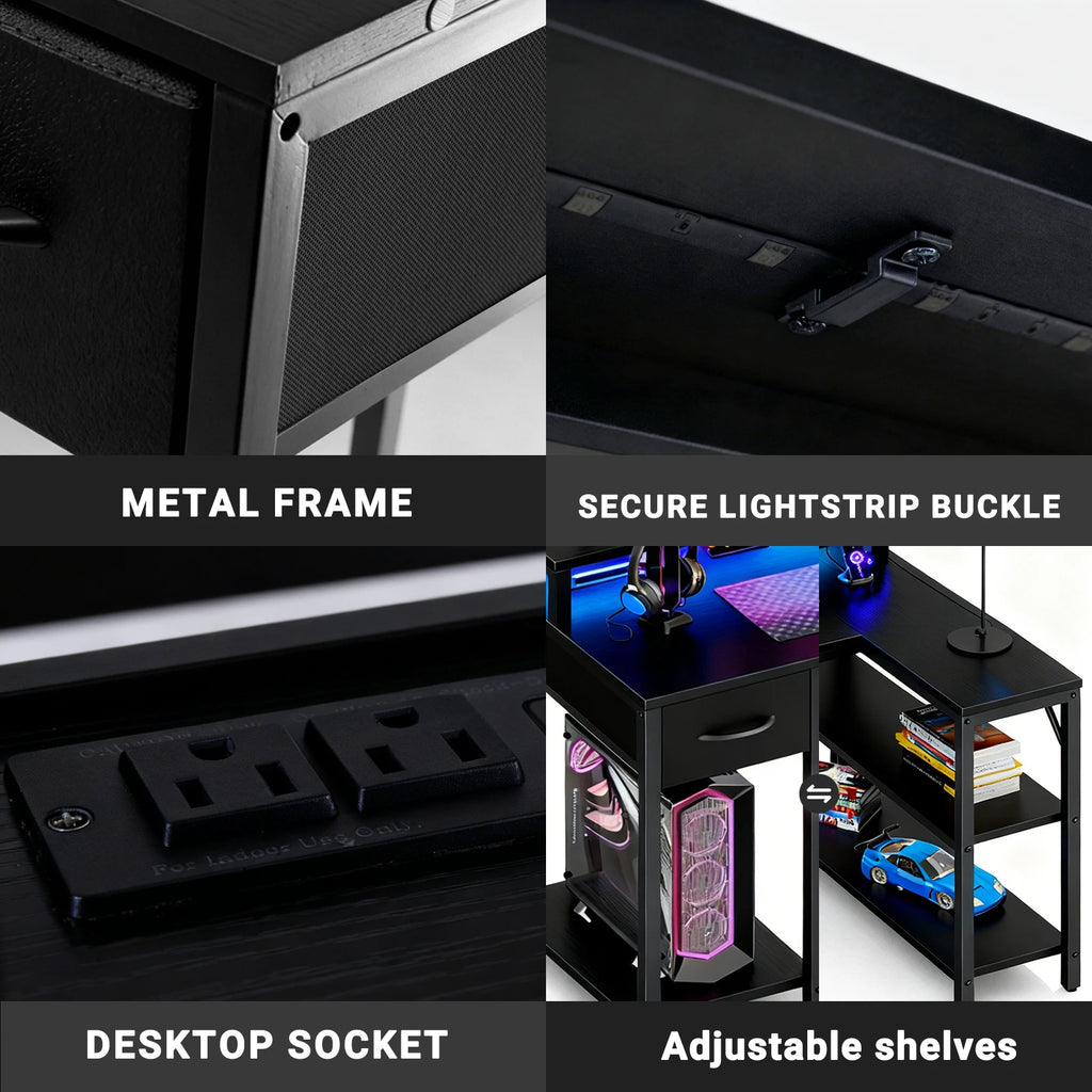L Shaped Gaming Desk with USB Charging Ports & LED Lights