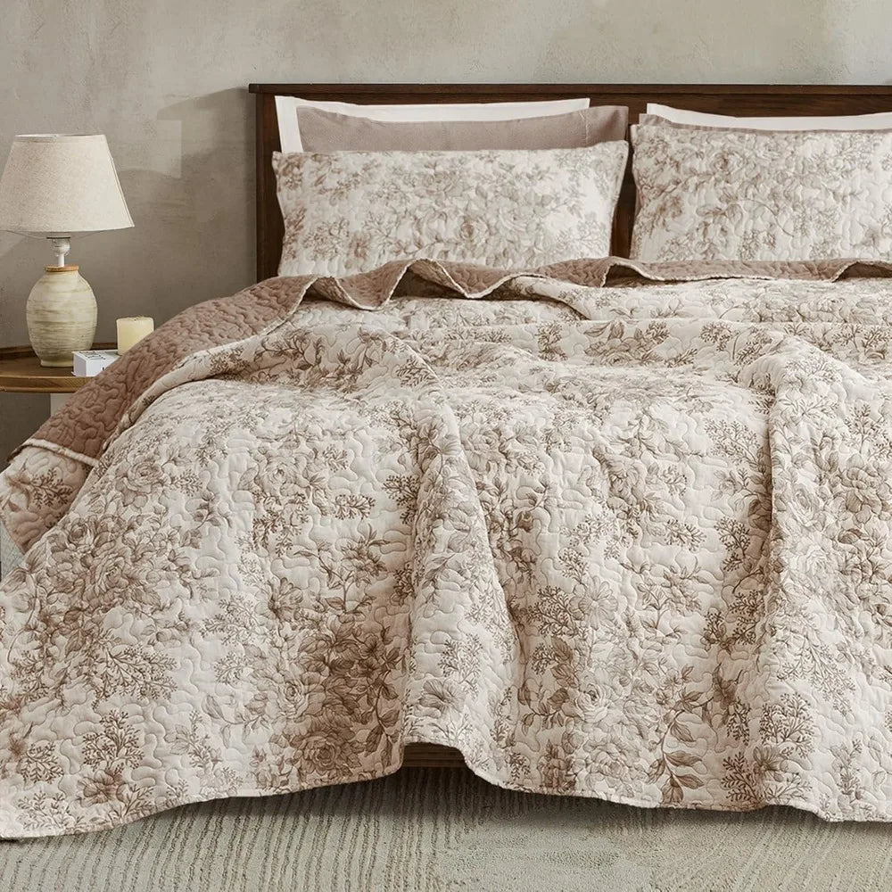 Elegant Taupe Floral Quilt Set