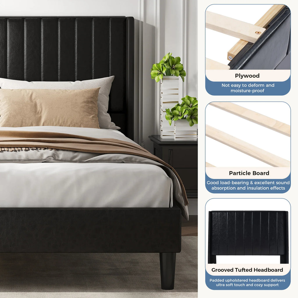 Upholstered Platform Bed Frame with Modern Wingback Headboard