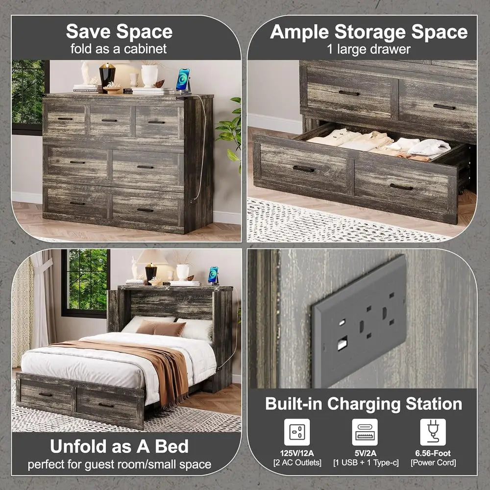 Rustic Gray Multi-Functional Murphy Bed Cabinet