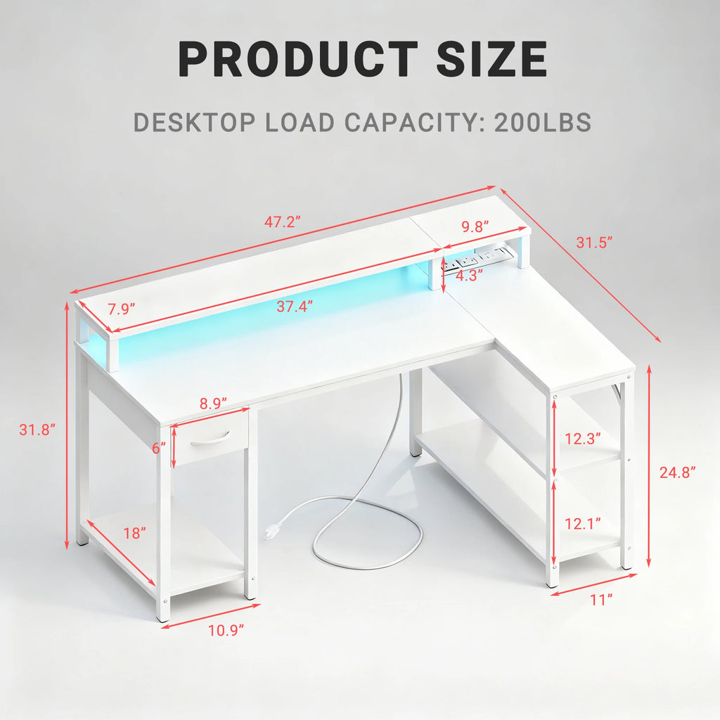 L Shaped Gaming Desk with USB Charging Ports & LED Lights