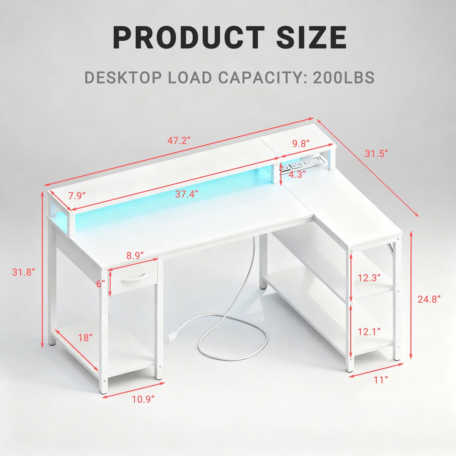 L Shaped Gaming Desk with USB Charging Ports & LED Lights