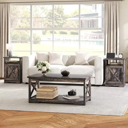 3-Piece Farmhouse Living Room Table Set with Coffee Table & 2 End Tables