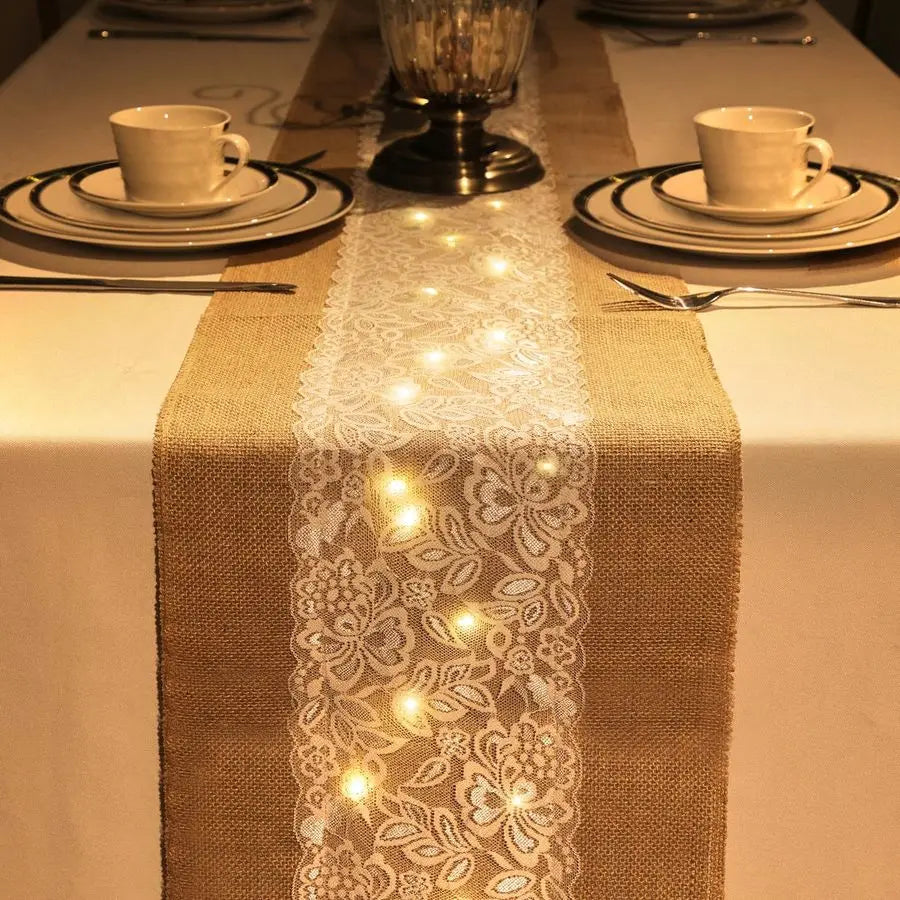 Burlap Table Runner with LED String Lights