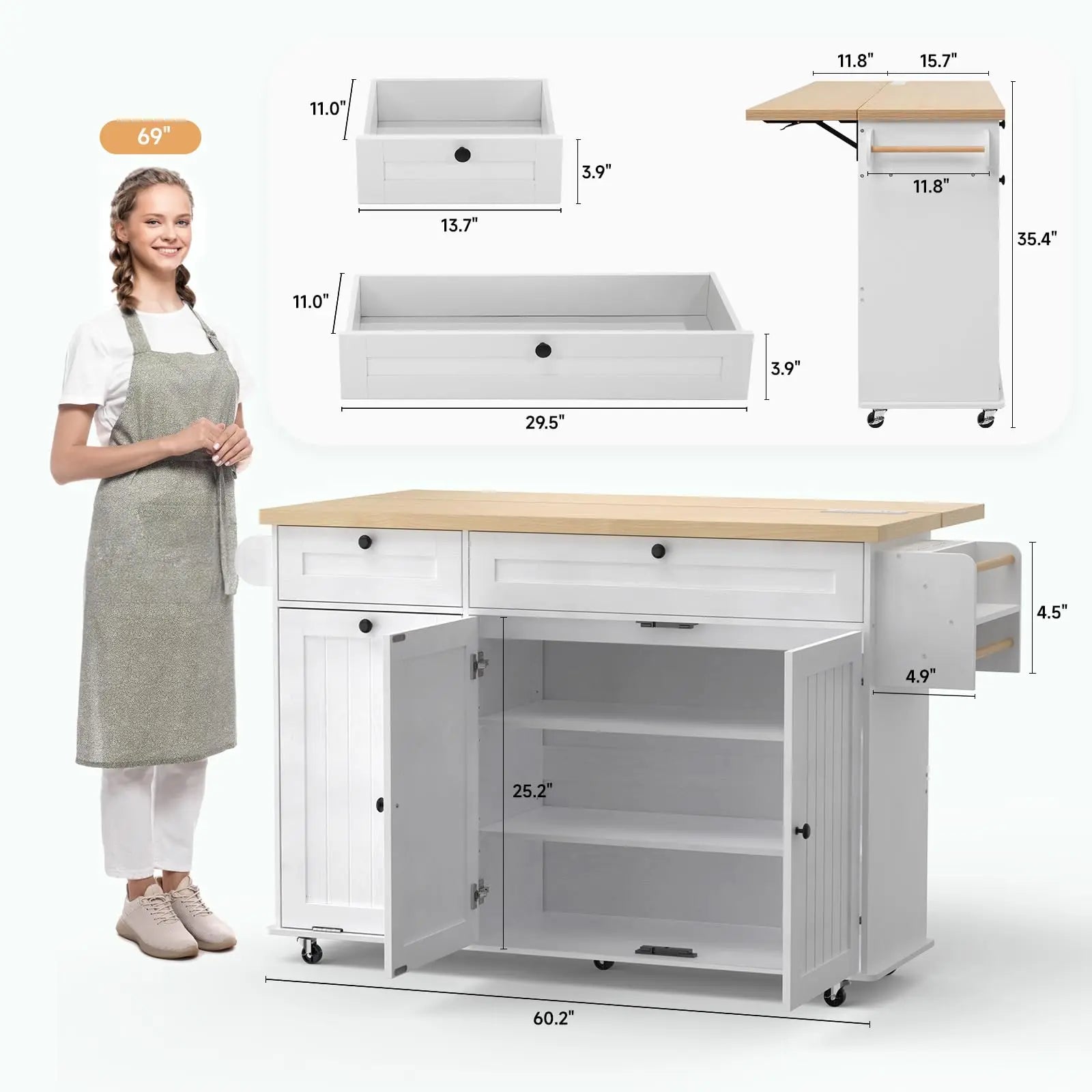 60" Mobile Rolling Kitchen Islands with Drop Leaf