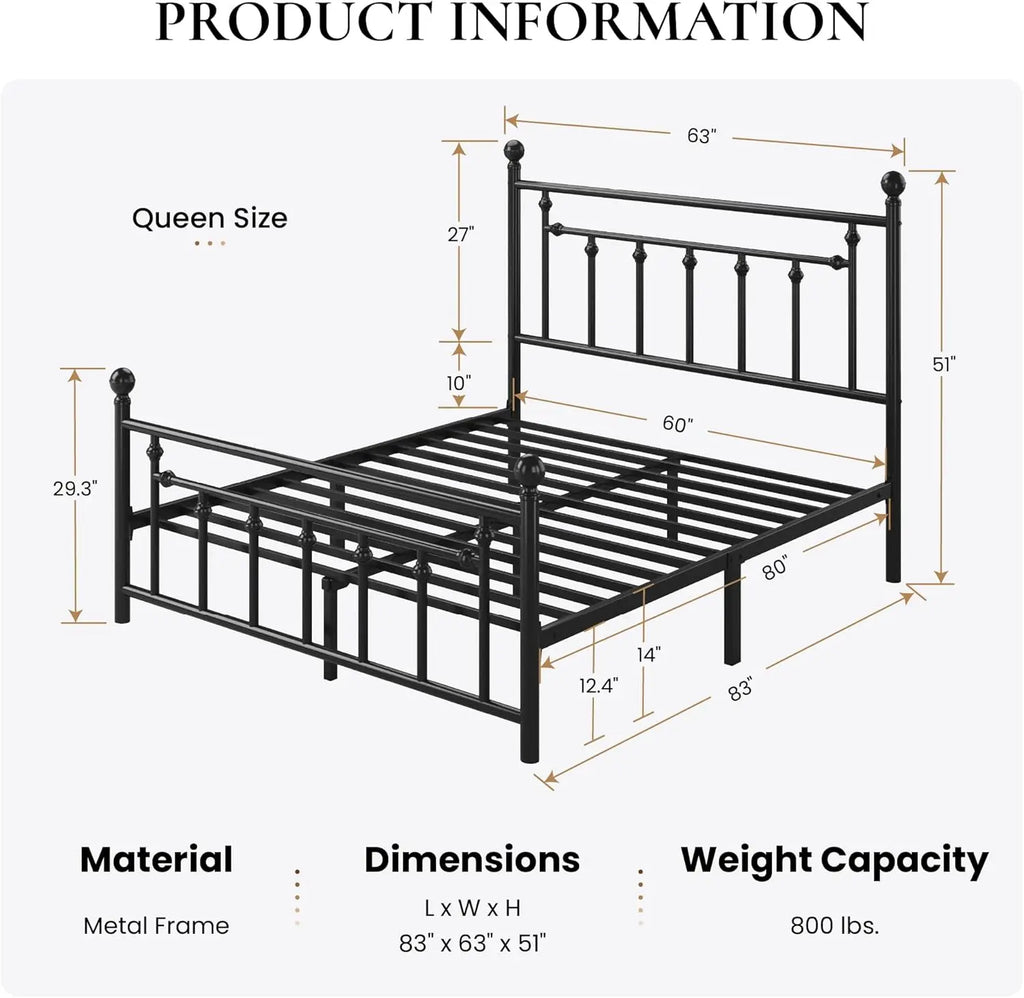 Queen Size Metal Platform Bed Frame with Victorian Headboard and Footboard
