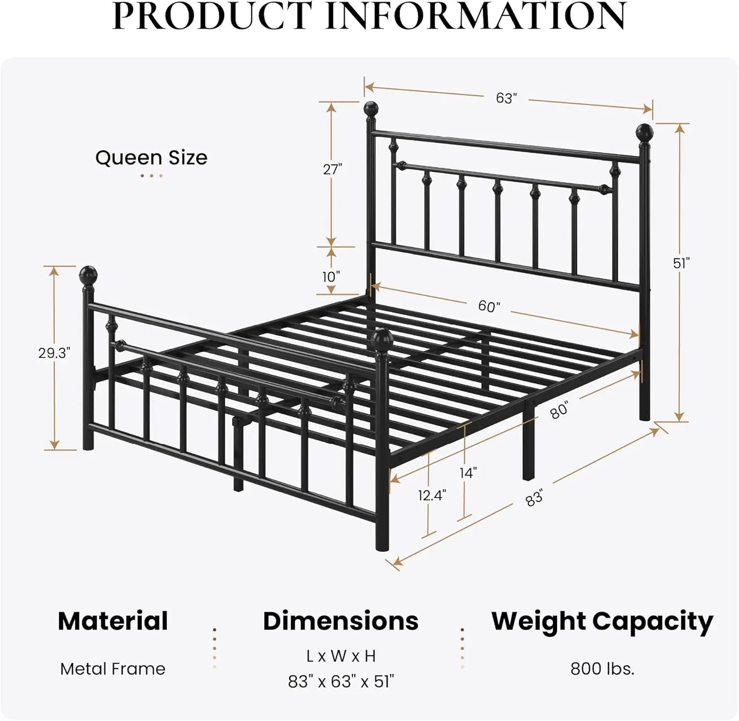 Queen Size Metal Platform Bed Frame with Victorian Headboard and Footboard