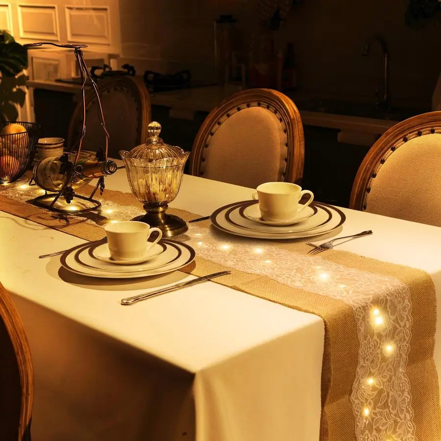 Burlap Table Runner with LED String Lights