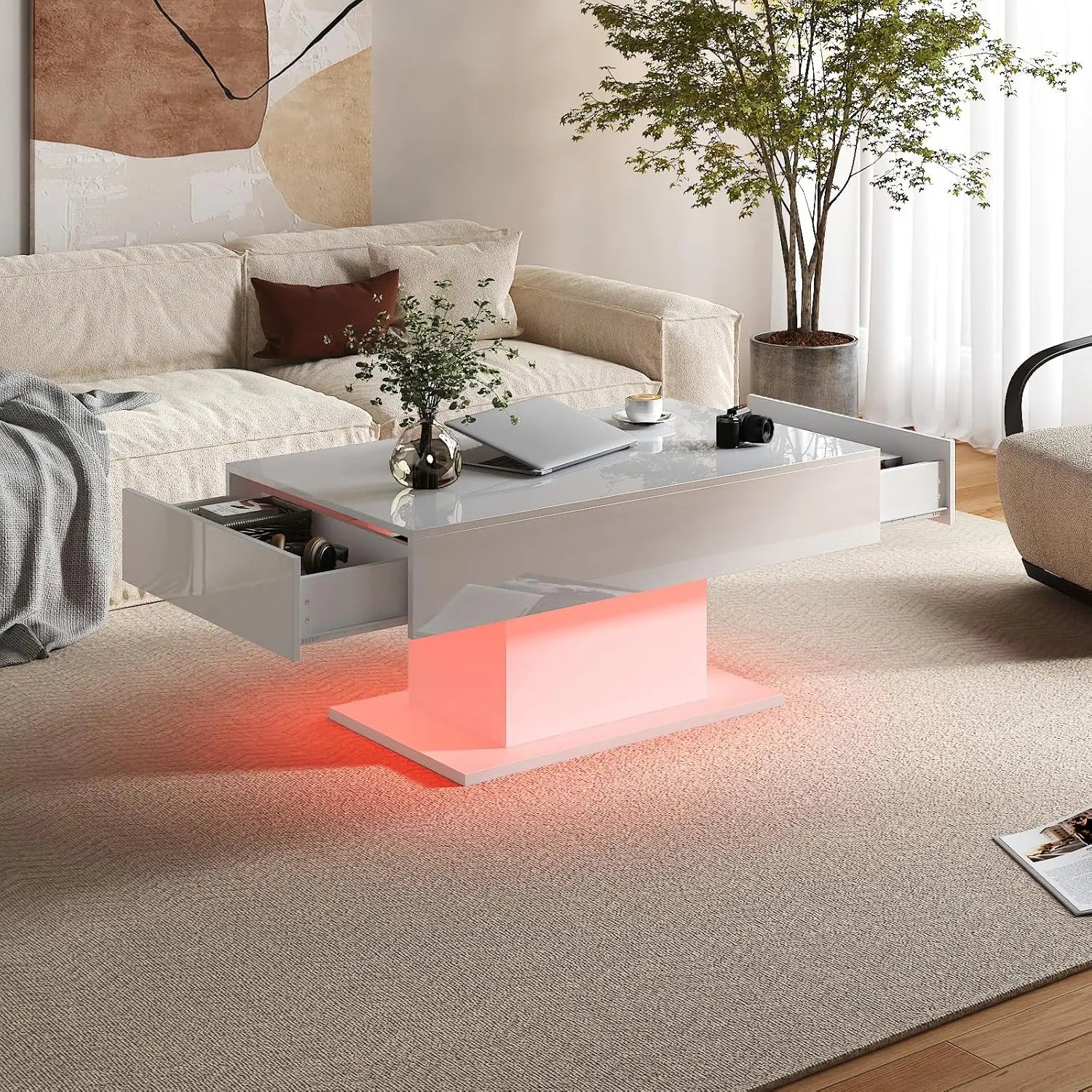 Rectangular LED Coffee Table, 16 Colors Lights, Modern Wood, Living Room Dining Reception, Customized
