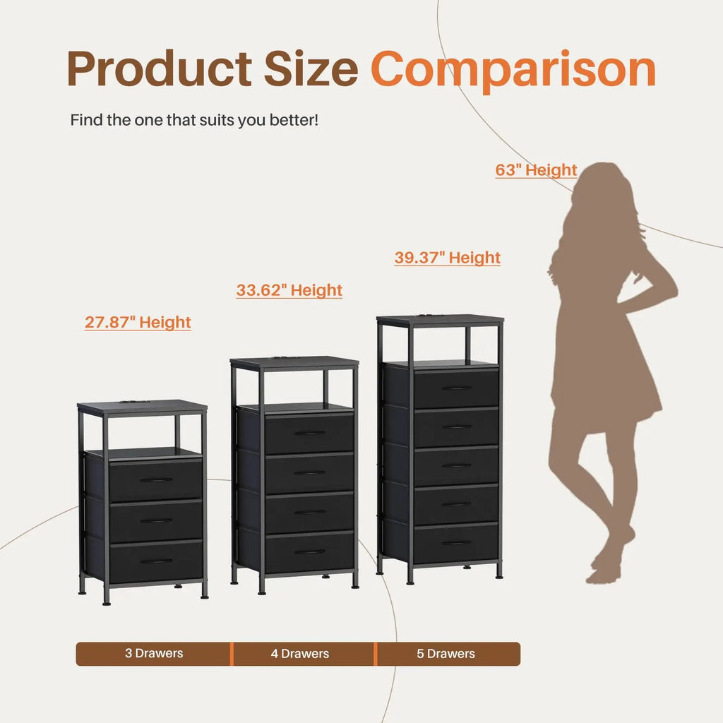 5 Fabric Drawers Dresser For Bedroom Nightstand with Charging Station and Outlets