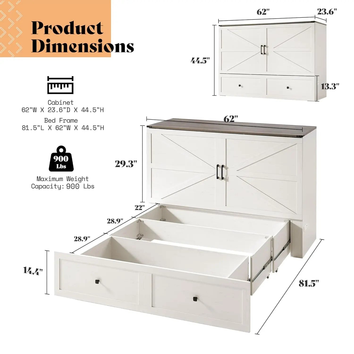Farmhouse Queen Murphy Bed with Storage & Charging Station