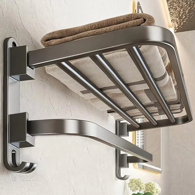Grey/Black 50CM-60CM Folding Aluminum Towel Rack and Holder With Hooks