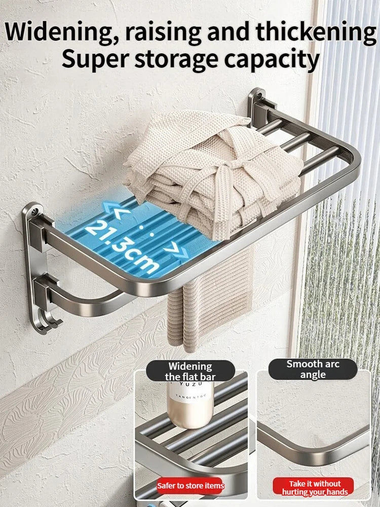 Grey/Black 50CM-60CM Folding Aluminum Towel Rack and Holder With Hooks