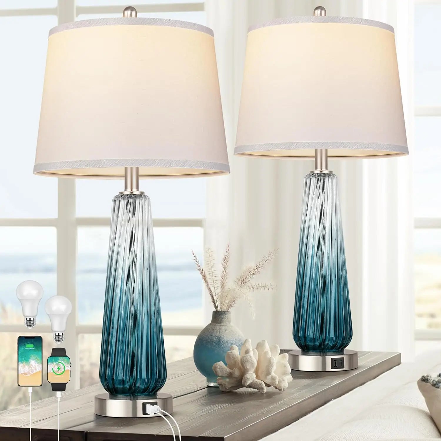 3-Way Dimmable Touch Control Glass Table Lamps Set of 2 with USB Ports