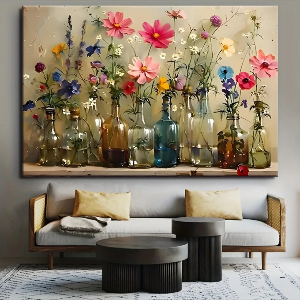 Bohemian floral canvas wall art with solid wood frame
