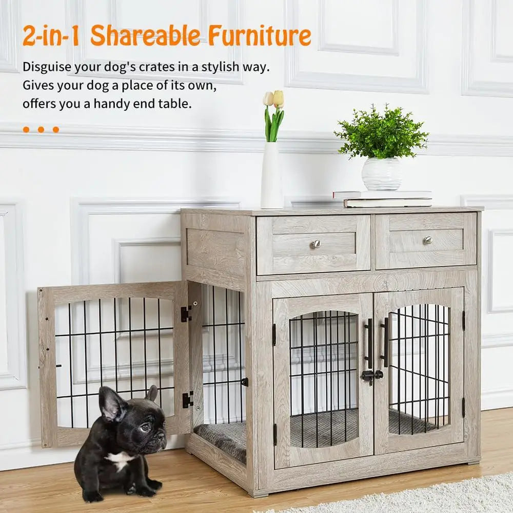Dog Crate Furniture with Table Top and Two Drawers