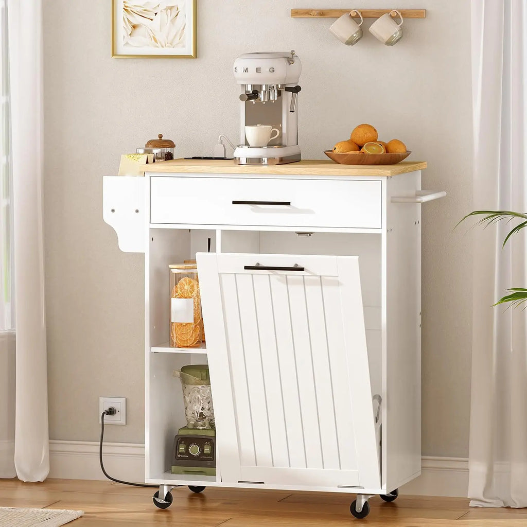 Mobile Kitchen Island with Power Outlet and Trash Can Storage