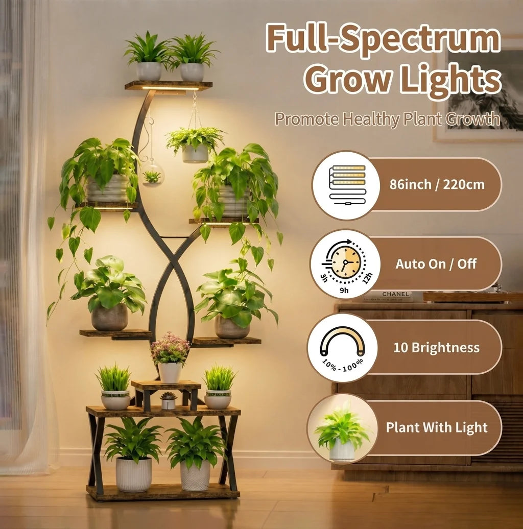 8-Tier S-Shaped Metal Plant Stand with Grow Lights