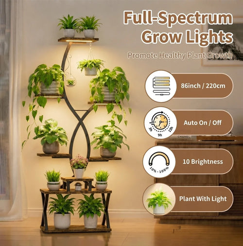 8-Tier S-Shaped Metal Plant Stand with Grow Lights